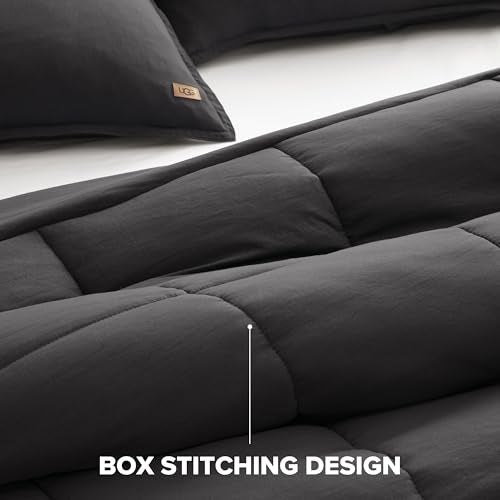 UGG Leonora Comforter Set with 2 Pillow Shams Lightweight Down Alternative Blanket Reversible Cozy Warm All Season Washable and Hypoallergenic Bedding Set, King, Charcoal Grey UGG