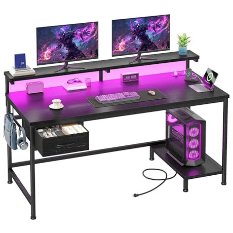 DurayLoly 47.2" Gaming Desk with Power Outlet and LED Lights,Computer Desk with Adjustable Monitor Stand and Drawer,Office Desk with CPU Stand for Home Work,Study and Gaming, Small Spaces,Black DurayLoly