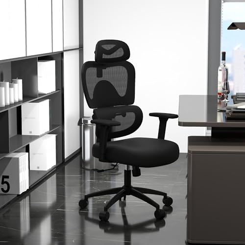 Ergonomic Office Chair with Adjustable Lumbar Support, 3D Arms and Headrest, High Back Wide Desk Computer Chair with Wheels, for Home & Office, Black ZZH