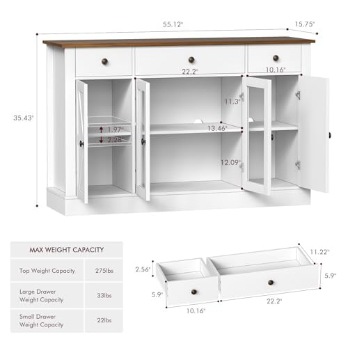 4 EVER WINNER Buffet Cabinet with 4 Doors and 3 Drawers, 55" Kitchen Buffet Storage Cabinet with Adjustable Shelves, Modern Coffee Bar Cabinet for Kitchen, Dinning Living Room, Entryway, Whit - WoodArtSupply