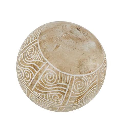 Deco 79 Mango Wood Handmade Decorative Ball Orbs & Vase Filler with Carved Tribal Patterns, Set of 2 5", 4" W, Cream Deco 79