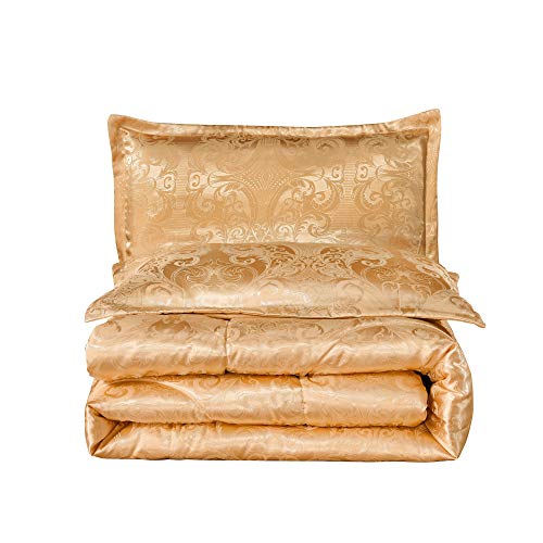 Raytrue-X Luxury Silk Bedding Comforter Sets, Gold Jacquard Lightweight Comforter Quilt, All Season Ultra Soft Microfiber Twin Comforter Set Matching 2 Pillow Shams(Twin/Twin XL, 3 Pieces) Raytrue-X