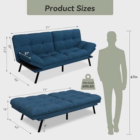 AMICLIBER Convertible Futon Sofa Bed,Blue Linen Modern Futon Couch,Memory Foam Loveseat Sleeper Recliner,Detachable Cushion,Adjustable Backrest & Armrest,Couches for Living Room,Office,Apartment AMICLIBER