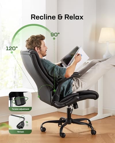 Marsail Executive Office Chair with Flip-up Armrests,PU Leather Ergonomic Desk Chair Height-Adjustable Swivel Rolling Computer Desk Chair,Black Marsail