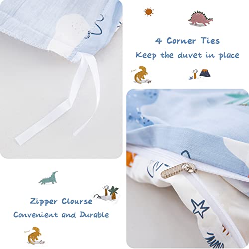 DJY Dinosaur Full Size Duvet Cover Set, Cotton Blue White Reversible Kids Bedding Set for Boys Girls, 3 Pieces Ultra Soft Breathable Comforter Cover Set (1 Duvet Cover+2 Pillowcases) DJY