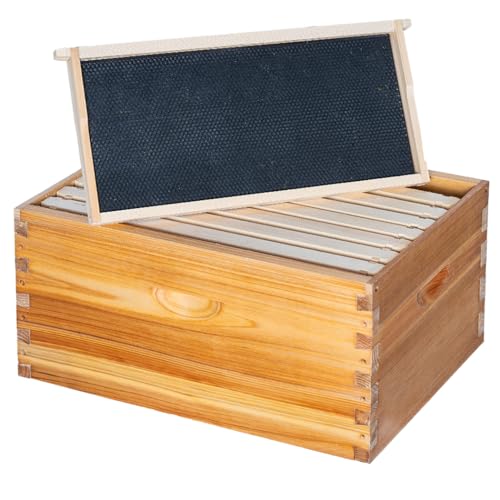 Honey Lake 8 Frame Bee Hive Box, Langstroth Deep Brood Honey Bee Box Dipped in 100% Beeswax for Beekeeper, Bee Hive Boxes with Frames and Waxed Foundations (Unassembled) Honey Lake