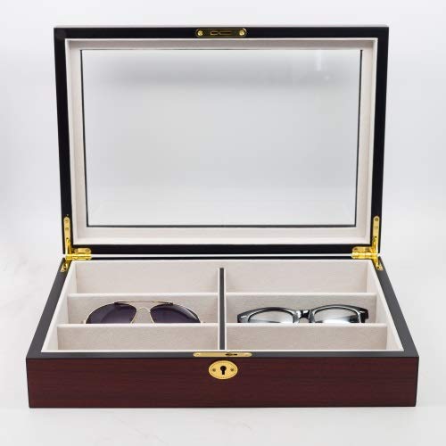 TimelyBuys 6 Piece Extra Large Cherry Wood Rosewood Eyeglass Sunglass Glasses Display Case Organizer Collector Box with Glass Top Father's Day Gift TIMELYBUYS