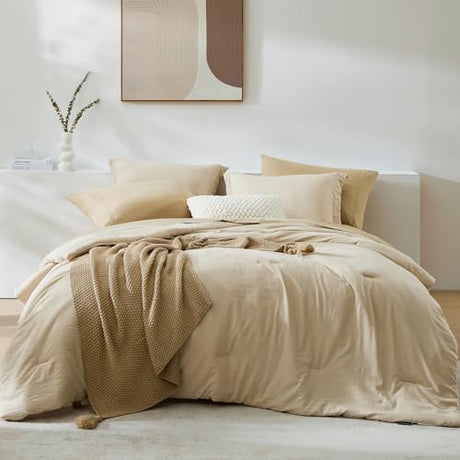 WRENSONGE Queen Comforter Set- 7 Pieces Beige Bed in a Bag Queen with Fitted Sheet, Flat Sheet, 2 Pillow Shams, and 2 Pillowcases- Warm Bed Set for All Season WRENSONGE