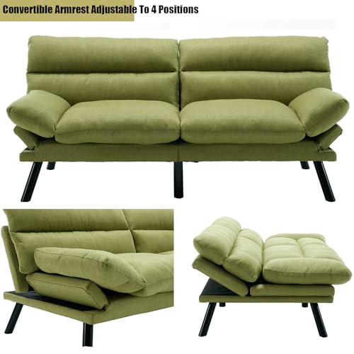 70" Green Modern Linen Convertible Folding Futon Couch Sofa Bed Adjustable Pillow Top Arm Memory Foam Couch Double Loveseat Sofa for Compact Living Space,Dorm,Game Studio,Apartment,Bedroom Klwenas Maec