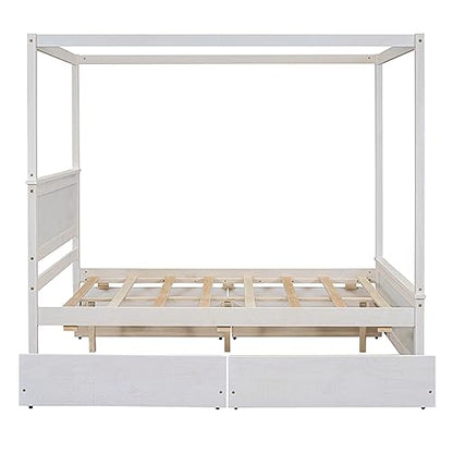 RORIGAT Wood Canopy Bed with 4 Storage Drawers, Full Size Canopy Platform Bed with Support Slats, 4-Post Wood Platform Bed with Headboard,for Kids Teens Adult, No Box Spring Needed,Brushed White