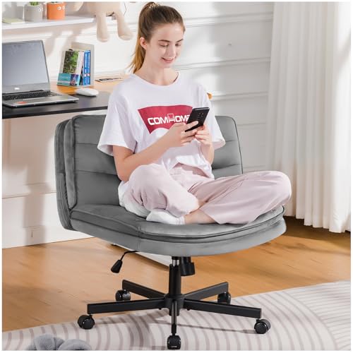 COMHOMA Cross Legged Office Chair with Wheels Armless-Office Desk Chair, Modern Vanity Computer Task Chairs for Home Bedroom, Comfortable Wide Seat for Lower Back Pain Relief, Soft Velvet, Gray COMHOMA