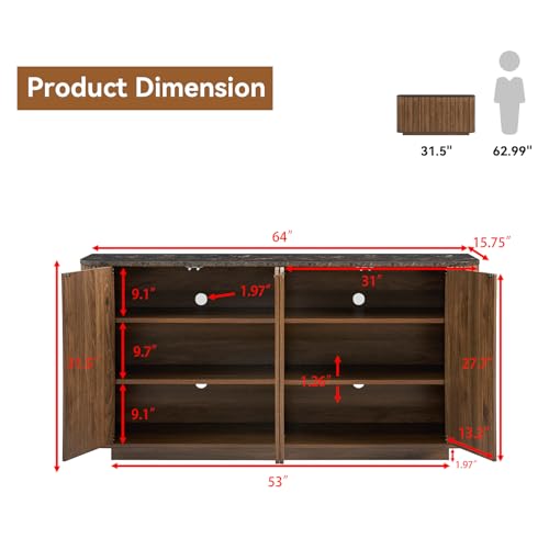 SZTHHDF 64" Sideboard Buffet Cabinet with Storage, Modern Fluted Credenza with Adjustable Shelves, Wood Faux Marble-Top Coffee Bar Console Table for Living Room Kitchen Dining Room, 31.5" H, Walnut SZTHHDF