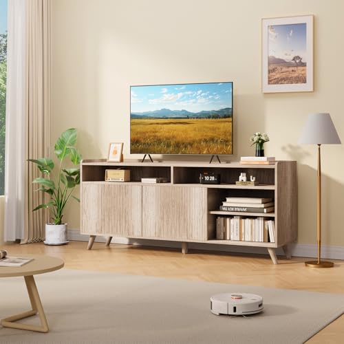 Algglobuy Farmhouse TV Stand for 65 Inch, TV Stands for Living Room with Sliding Doors and Adjustable Shelf, Entertainment Center with Storage Media TV Console Table for Bedroom (Sunwashed Ash Oak) Algglobuy
