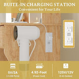 Vanity Desk with LED Lights Mirror & Power Outlet, Small Makeup Vanity Table Set with Storage Drawers & Chair, 3 Lighting Modes & Adjustable Brightness, Dressing Table for Women Girls Bedroom, Oak Xixini