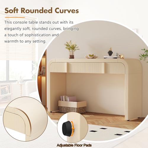 Modern Curved Entryway Console Table 55-Inch Entry Sofa Table with Storage Drawers for Living Room Entrance Hallway Accent Furniture (Apricot Cream) Amposei
