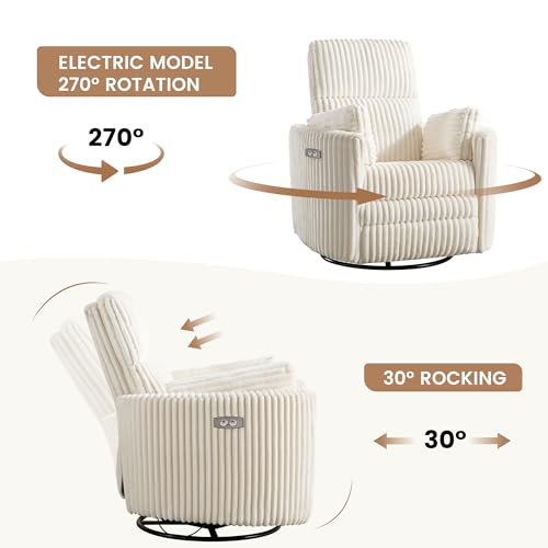 Power Recliner,Nursery Swivel Glider Rocking Chair with USB Port,Upholstered Adult Electric Recliner Rocking Chair with 2 Pillows for Living Room Bedroom (Beige Corduroy, Power-Driven)