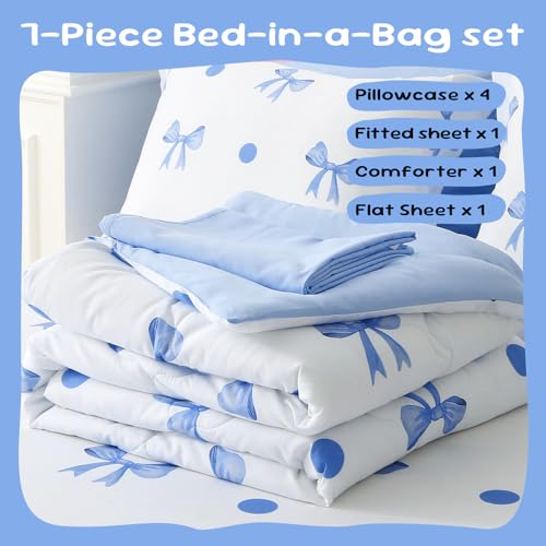 Wajade 7 Piece Blue Bow Comforter Set for Girls Kids Twin Size Bedding Set with Sheet and 2 Pillowcases 2 Pillow Shams Cute Girls Bed in a Bag as Birthday Choice Wajade