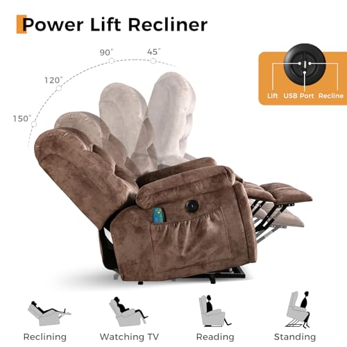 IOMOR Large Power Lift Recliner with Massage and Heat for Elderly, Heavy Duty & Safety Motion Reclining Mechanism, Ergonomic Electric Wider Chair with USB Port, 2 Hidden Cup Holders (1, Brown)