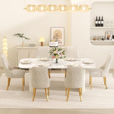 RGZ Modern Oval Dining Table Set for 6, 71" White Faux Marble Kitchen Table with Ripple Legs & 6 Beige Gold Comfy Upholstered Chenille Chairs, Dinner Table Set for Office, Home, Dining Room RGZ
