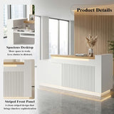 63" L-Shaped Front Desk with Built-in Outlets, Modern Reception Desk with LED Lights & Counter, White Checkout Counter with Lockable Drawers and Storage Shelves for Office, Salon, Retail and Lobby