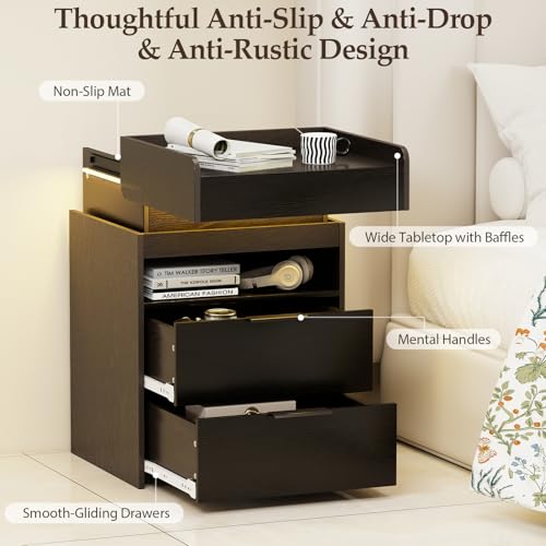 Turosur Black Night Stand with Charging Station,Wood Nightstand with 2 Drawers Modern Style, LED Lights Wooden End Tables with Sliding Top Open Storage Shelf Bedside Table for Living Room Bedroom Turosur