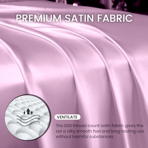 Revdomfly 3 Pcs Twin Size Luxury Silky Soft Pink Satin Sheet Set,1 Premium Moisture Wicking Fitted Sheet Fits Up to 16 Inches Deep Pocket + 1 Flat Sheet + 1 Pillowcases（Pink, Twin） Revdomfly