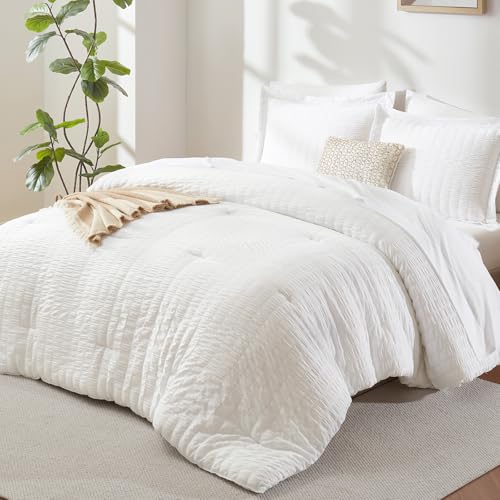 CozyLux California King Comforter Set with Sheets 7 Pieces, White Seersucker Bed in a Bag Cal King Luxury Soft Bedding Sets with Down Alternative Comforter, Sheets, Pillowcases & Shams for All Season CozyLux