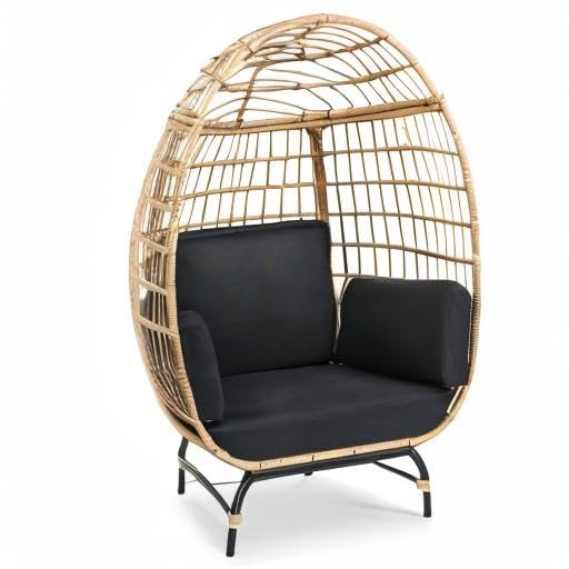 Jovial Wicker Rattan Egg Chair,Indoor Outdoor Black Sofa Chair for Patio Backyard and Living Room with 4 Cushions and Powder Coated Steel Frame,Woven Texture Contemporary Ribbed Back Design SereneLife