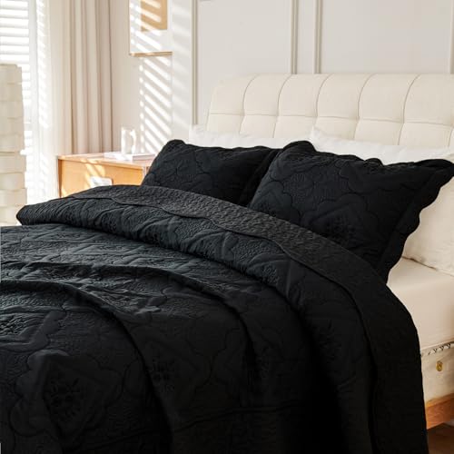 Cmfshape Floral Embroidery Quilt Set,3 Pieces Queen Quilt Bedding Set,Classic Diamond Pattern Quilts,Ultra Soft Lightweight Reversible Bedspread Coverlets for All Season(Black,90"x90") Cmfshape