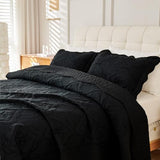 Cmfshape Floral Embroidery Quilt Set,3 Pieces Queen Quilt Bedding Set,Classic Diamond Pattern Quilts,Ultra Soft Lightweight Reversible Bedspread Coverlets for All Season(Black,90"x90") Cmfshape