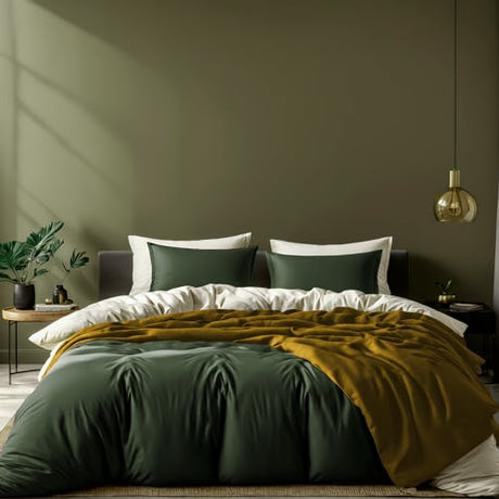 White Classic Dark Green Duvet Cover Queen Size, Microfiber Duvet Cover with Zipper, Duvet Cover Set with 2 Pillow Shams, Luxury Soft Comforter Cover Queen Size, 90 x 90 | Comforter Not Included White Classic