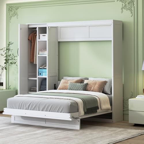 Ball & Cast Murphy Bed Full Size,Wall Chest with Shelves and 4 Drawers,Wood Hideaway Bed Cabinet Platform Bedframe w/LED Lights,can be Folded,Space-Saving,for Small Room,Dorms,White Ball & Cast