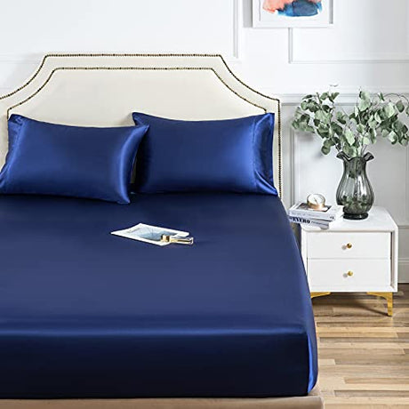 Satin Fitted Sheet, Full Fitted Sheet Only, 1 - Piece Ultra Soft Deep Pocket Single Silk Bottom Bed Sheet Full - Navy Blue Luxbedding