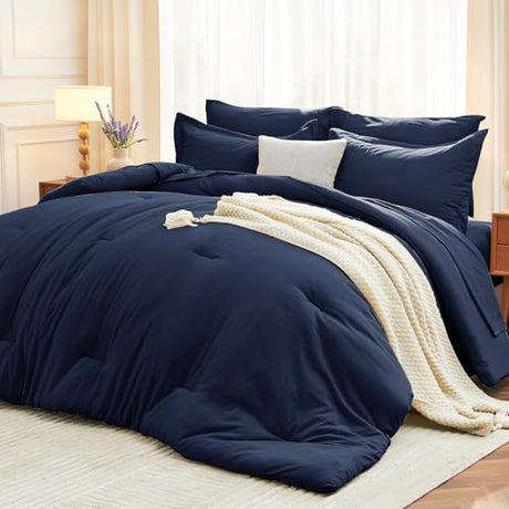 MUXHOMO 7 Pieces Queen Comforter Set, Soft Bed in a Bag Queen Size, All Season Bedding Set with Comforter, Flat Sheet, Fitted Sheet, Pillowcases & Shams, Navy Blue MUXHOMO