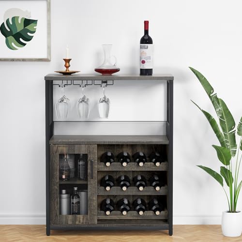 IDEALHOUSE 3-Tier Wine Bar Cabinet with Detachable Wine Rack and Storage Space, Buffet Cabinet with Glass Holder and Mesh Door, for Kitchen, Living Room and Bar (Dark Wood) - WoodArtSupply