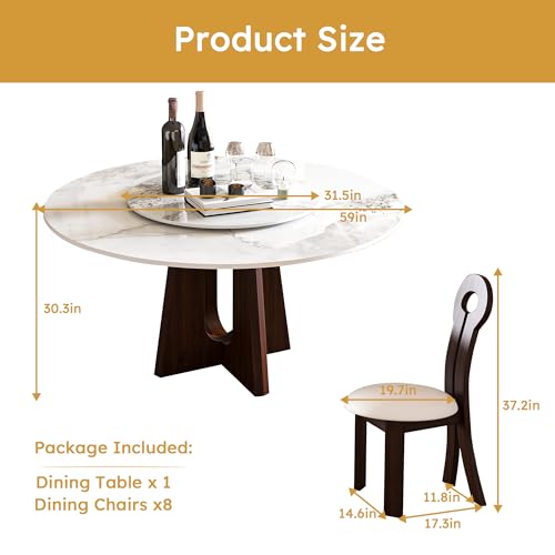Wohh 9-Piece Round Dining Table Set, 59" Sintered Stone Table with Walnut Base, 6-8 People, Modern Style Wohh