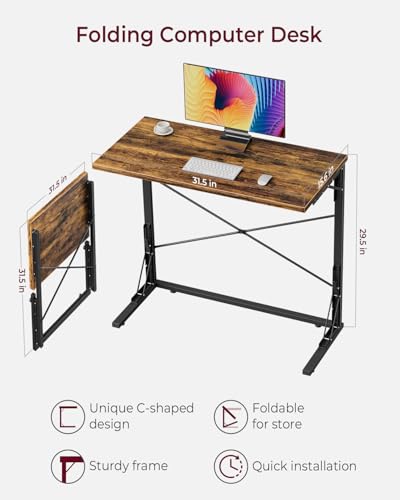 Vantic 31.5" Folding Desk for Small Spaces, Foldable Computer Desk Small Collapsible C-Shaped Study Table Home Office Desk, Simple Writing Desk Table for Bedroom, Rustic Brown Vantic