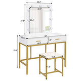 VINGLI 40" Vanity Set with Lighted Mirror and Stool,White Makeup Vanity Table Set with 9 Lights for Women,Bedroom Makeup Dressing Table with 2 Drawers and Stool,White&Gold VINGLI