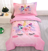 KINBEDY Toddler Bedding Set 4 Piece Pink Unicorn Crib Bedding Set for Girls Soft Cute Floral Toddler Bed Sheets Comforter Set Baby Bedroom Set, Include Comforter, Flat Sheet, Fitted Sheet, Pillowcase KINBEDY