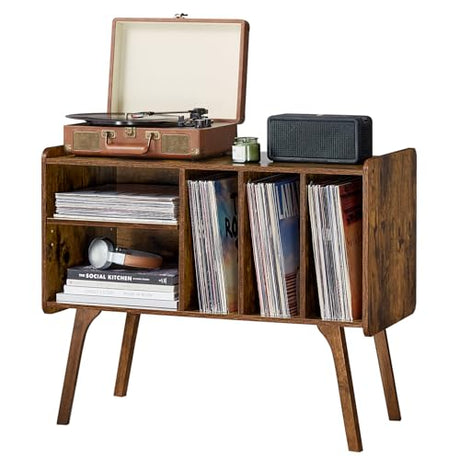 Lerliuo Record Player Stand with 4 Cabinet Holds Up to 220 Albums, Large Turntable Stand with Beech Wood Legs, Mid-Century Record Player Table,Retro Brown Vinyl Holder Storage for Bedroom Living Room Lerliuo