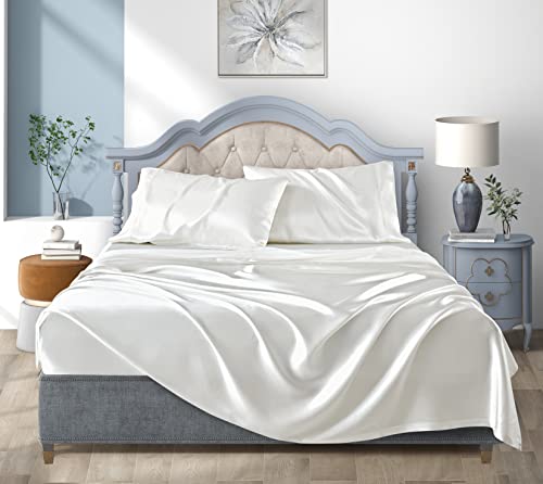 Satin Bed Sheets Full Size Sheet Sets, White Silk Sheets, 4 - Pieces Soft Bedding Set with 1 Deep Pocket Fitted Sheet,1 Flat Sheet,2 Pillowcase Luxbedding