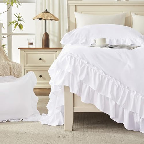 Andency White Ruffle Comforter Full Set, 3pcs Vintage Farmhouse Shabby Chic Bedding Comforter Set, Soft Lightweight Fluffy Bed Comforter Sets All Season Bedding Set Andency
