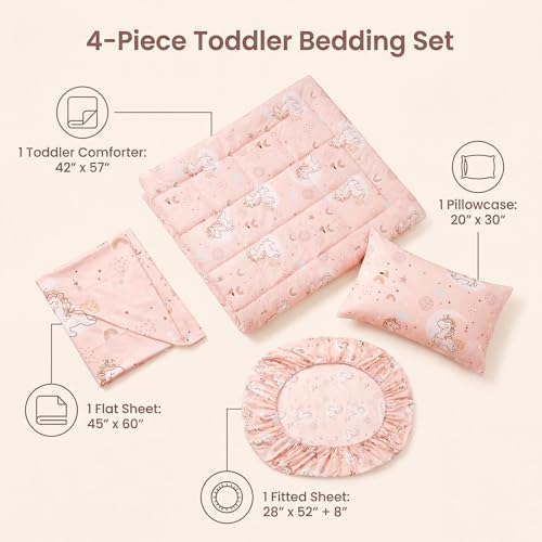 JSD Pink Unicorn Toddler Bedding Set, 4 Piece Bed-in-a-Bag Toddler Microfiber Comforter Sheet Set, All Season Machine Washable JSD