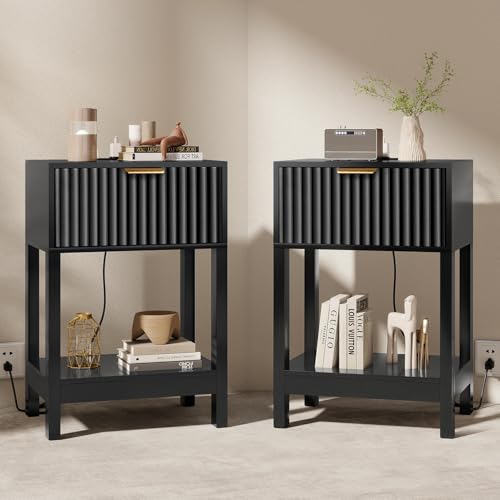 Nasonet Night Stand Set 2, Fluted Nightstand with Charging Station, Wood Bedside Table with Drawer & Storage Shelf, Modern End Tables for Bedroom Sofa Couch Office, Black Nasonet