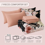 Floral Comforter Set King Size 7 Pieces Black Pink Floral Bed in a Bag, Complete Bedding Sets Elegant Flower Bed Set Comforter for All Season with Flat Sheet, Fitted Sheet, Pillowcases & Shams Dintszyayue