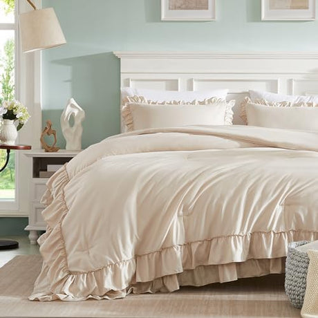 Cupocupa Beige Full Comforter Set, 3Pcs Ruffle Farmhouse Bedding Sets with Comforter & Pillowcases, Soft Shabby Chic Lightweight Fluffy Comforter Set for All Season Bedroom Decor (Beige, F) Cupocupa
