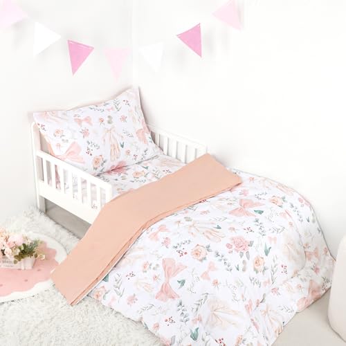 GFU 4 Piece Toddler Bedding Set, Ultra Soft and Breathable Toddler Comforter Sets for Girls Includes Quilted Comforter, Fitted Sheet, Flat Sheet and Pillowcase, Pink Flowers GFU