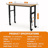 48" Adjustable Workbench with Power Outlet & Wheels, Heavy-Duty 48 x 24 in Work Bench, 2500 lbs Load Capacity for Garage, Workshop & Home EliteEdge