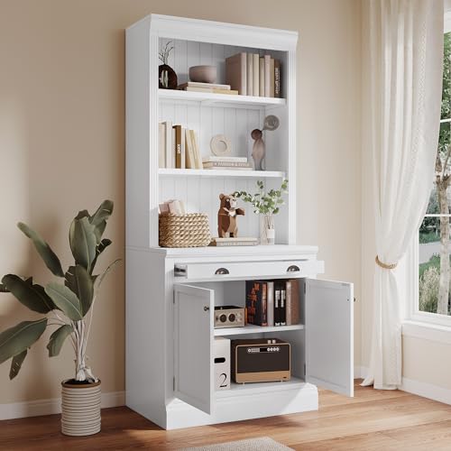 Modern White Wood Bookcase with LED Light, 3 Open Shelves, 1 Drawer, and 2 Doors by HABITRIO - WoodArtSupply