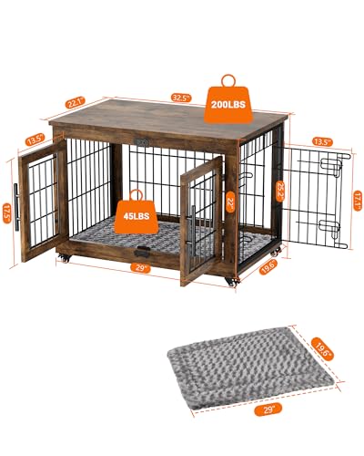 YaFiti Dog Crate Furniture with Cushion, Wooden Dog Kennel Indoor with Double Doors, Dog Cage with Wheels, Dog House Side End Table for Small Medium Dogs up to 45 lb, 32.5” L, Rustic Brown - WoodArtSupply